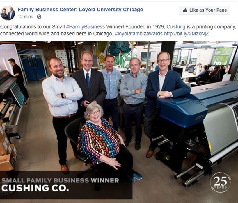 Cushing Small Family Business Award Facebook Post